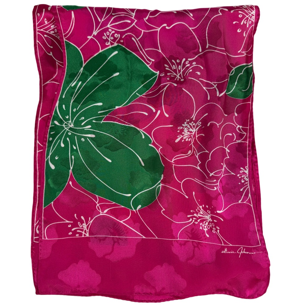 Ginnie Johnson Pink Hibiscus‎ Floral Silk Scarf Tropical Botanical Signed 61x11